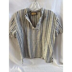 Domna Bogioka XL Short Sleeve Top Vertical Blue White Stripes Greece Cotton